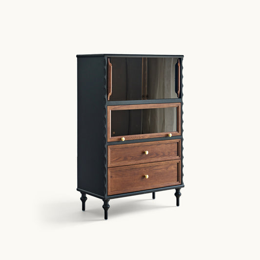 Gael Vintage Glass Display Cabinet with Drawers, Mid-Century Walnut Storage Cabinet