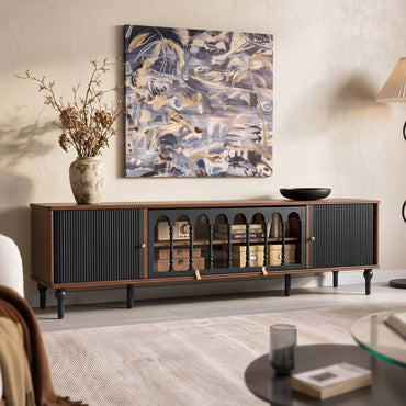 Gael Vintage TV Stand with Glass Display Cabinet, Mid-Century Walnut Media Console