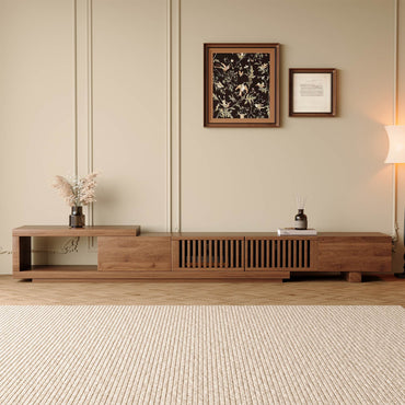 Mid-Century Modern Extendable TV Stand 78"-103" with Sliding Slatted Doors