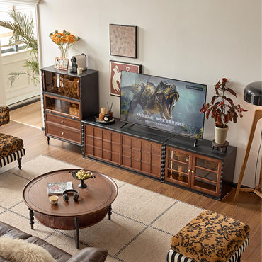 Gael Vintage Glass Display Cabinet with Drawers, Mid-Century Walnut Storage Cabinet