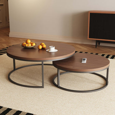 Round Nesting Coffee Tables 55.2" Set of 2 Two-Tone Finish (Warm Walnut)