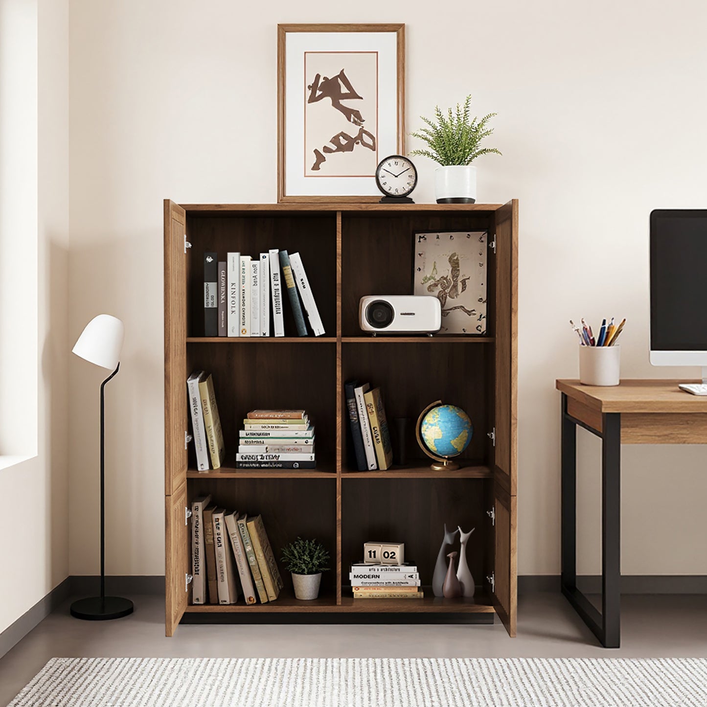 Cabinet S71-FK-M001 Mid-Century Modern Wooden Slatted Door 4-Door