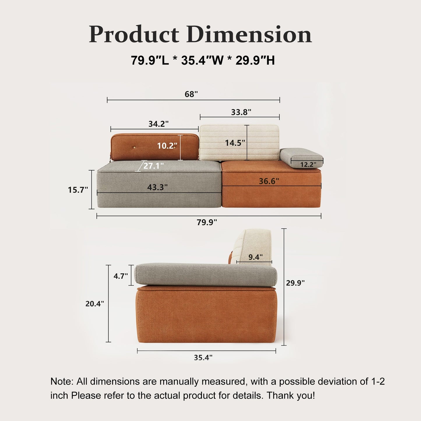 Modern Three-Tone Fabric Sofa 68" with Spring Cushions & Color Block Design