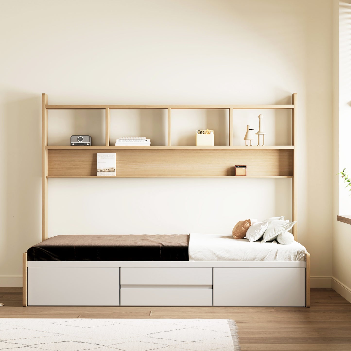 Bed C66-FK-M001 Modern Bed with Built-In Bookshelf 76.77"