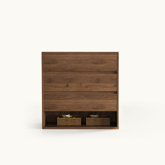Mid-Century Walnut Dresser with 3 Drawers & Rattan Baskets