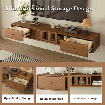 Mid - Century Modern Floating TV Stand 78.7" with Slatted Sliding Doors - FamiDear