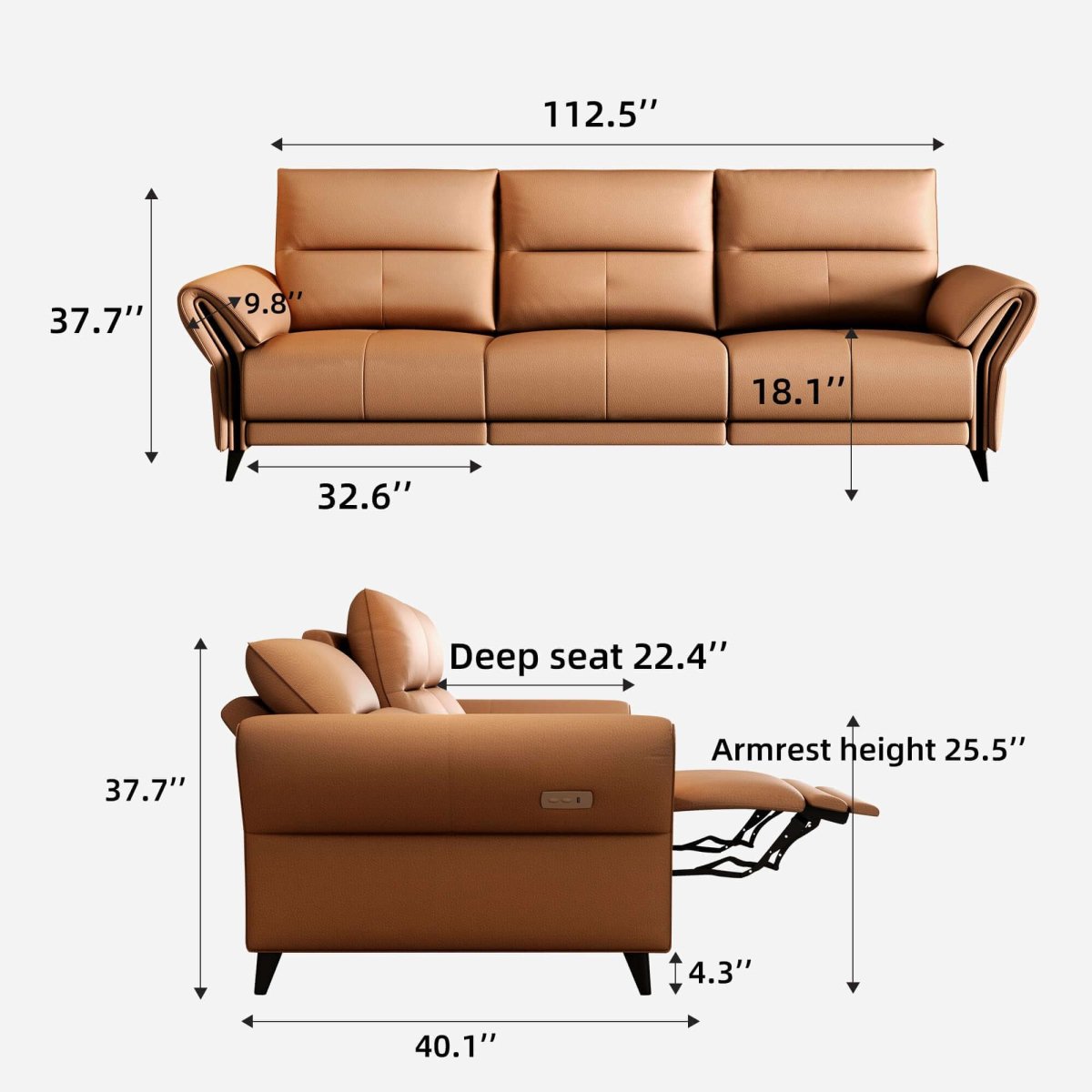 Sofa C18 - FK - L001 Modern Power Recliner Solid Larch Frame 112.5" - FamiDear
