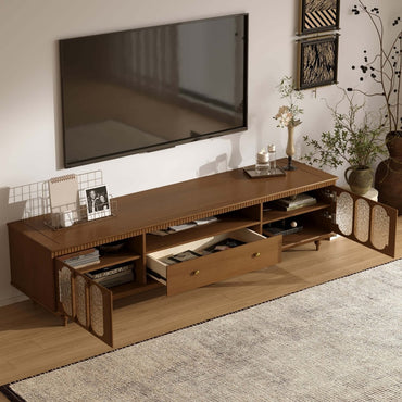 Side view of mid-century slim wooden TV stand