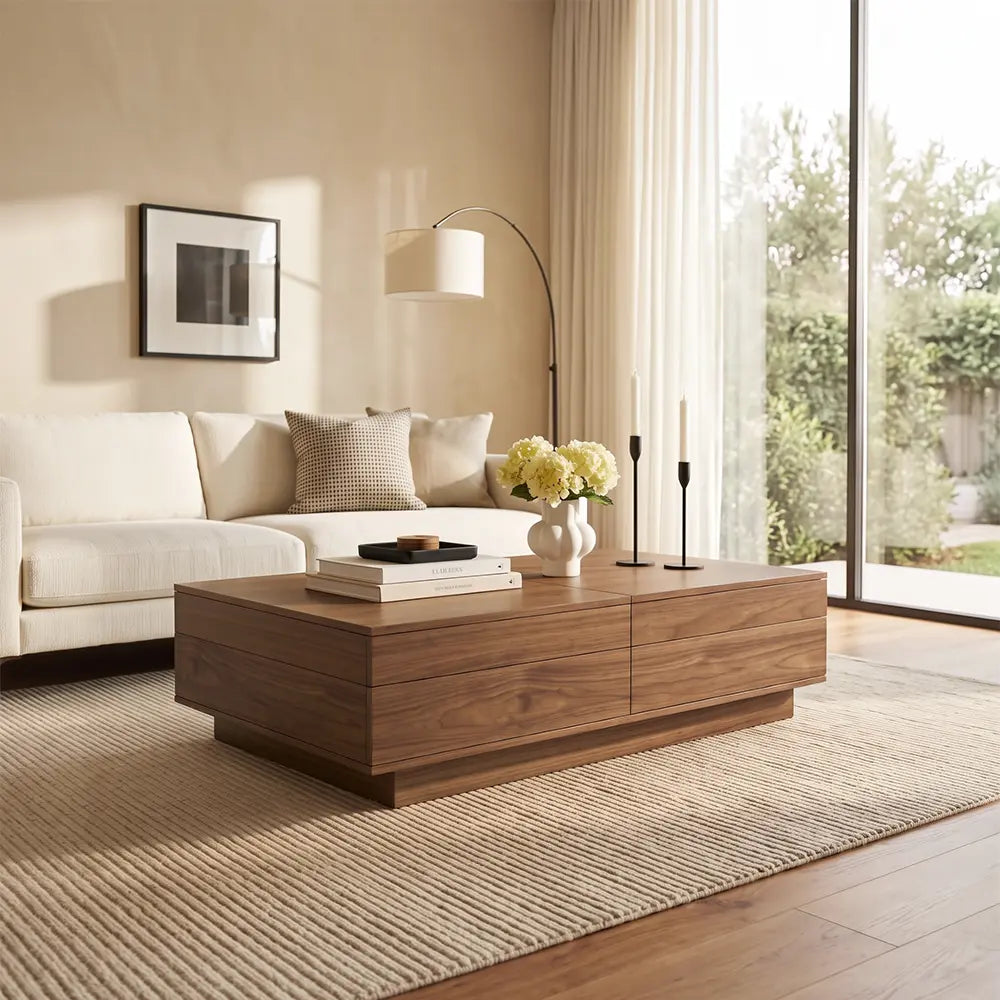 Modern solid wood rectangular coffee table front view, FamiDear living furniture