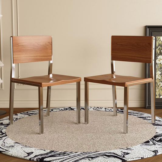 Dining Chair Mid-Century Modern Solid Wood Seat Brushed Stainless Steel Legs (Set of 2)