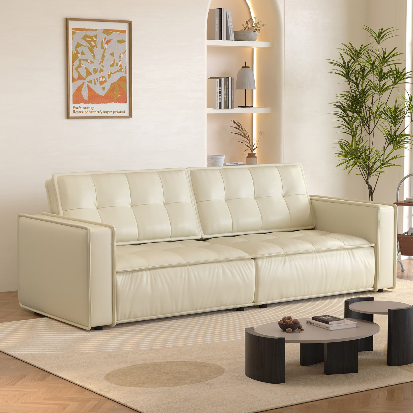 Comfortable White Leather Sofa for Living Room, 95.2" Length