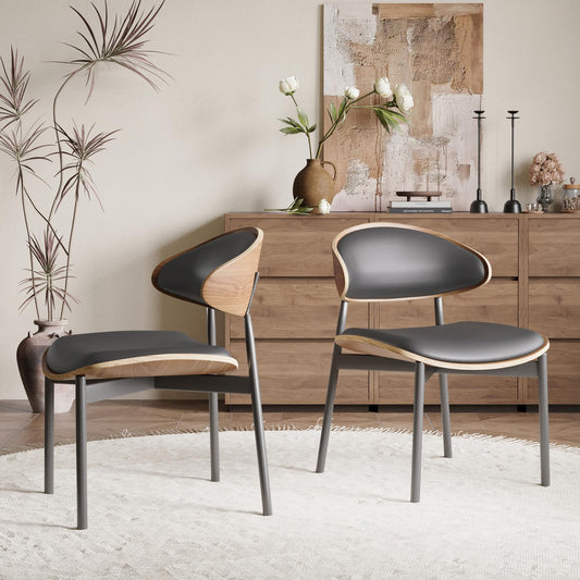 Modern Upholstered Dining Chairs, Wood and Leather, Set of 2 ﻿