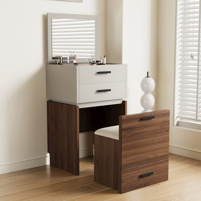 Compact 3-in-1 Vanity Set with 3 Drawers, Cushioned Stool, and Flip-Top Mirror, Walnut & Light Grey, 19.7" for Bedroom, Living Room, Office