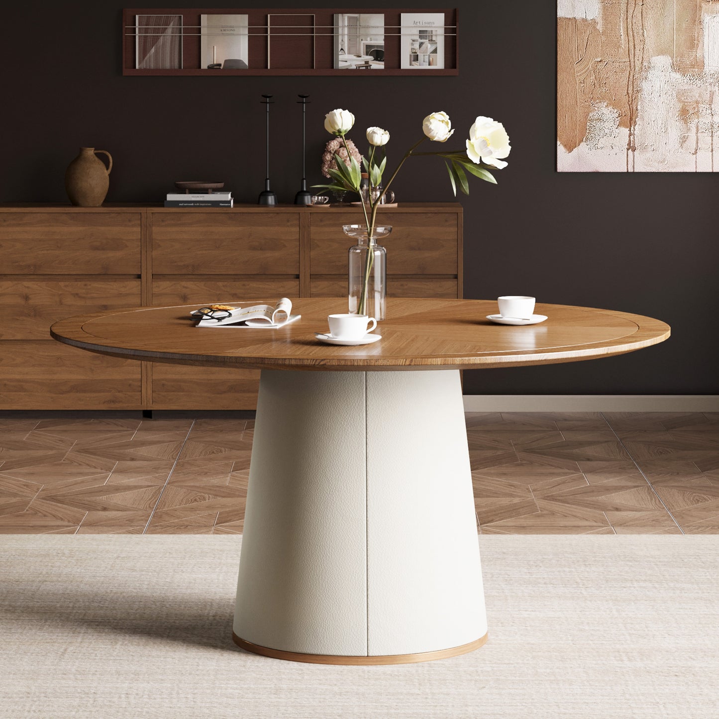 Dining Table CZ0034D Mid-Century Modern Lmitation Leather Base 59.05"