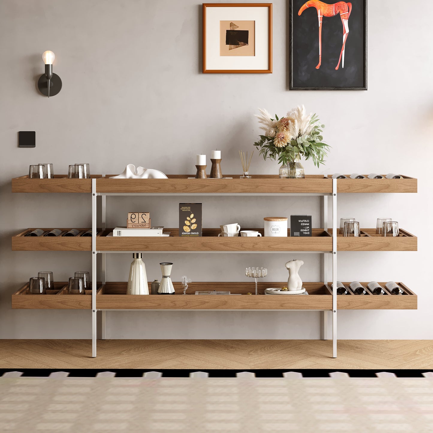 Multi-Level Storage Shelf with Spacious Compartments and Metal Frame, Ideal for Organizing Living Room, Office, or Bedroom