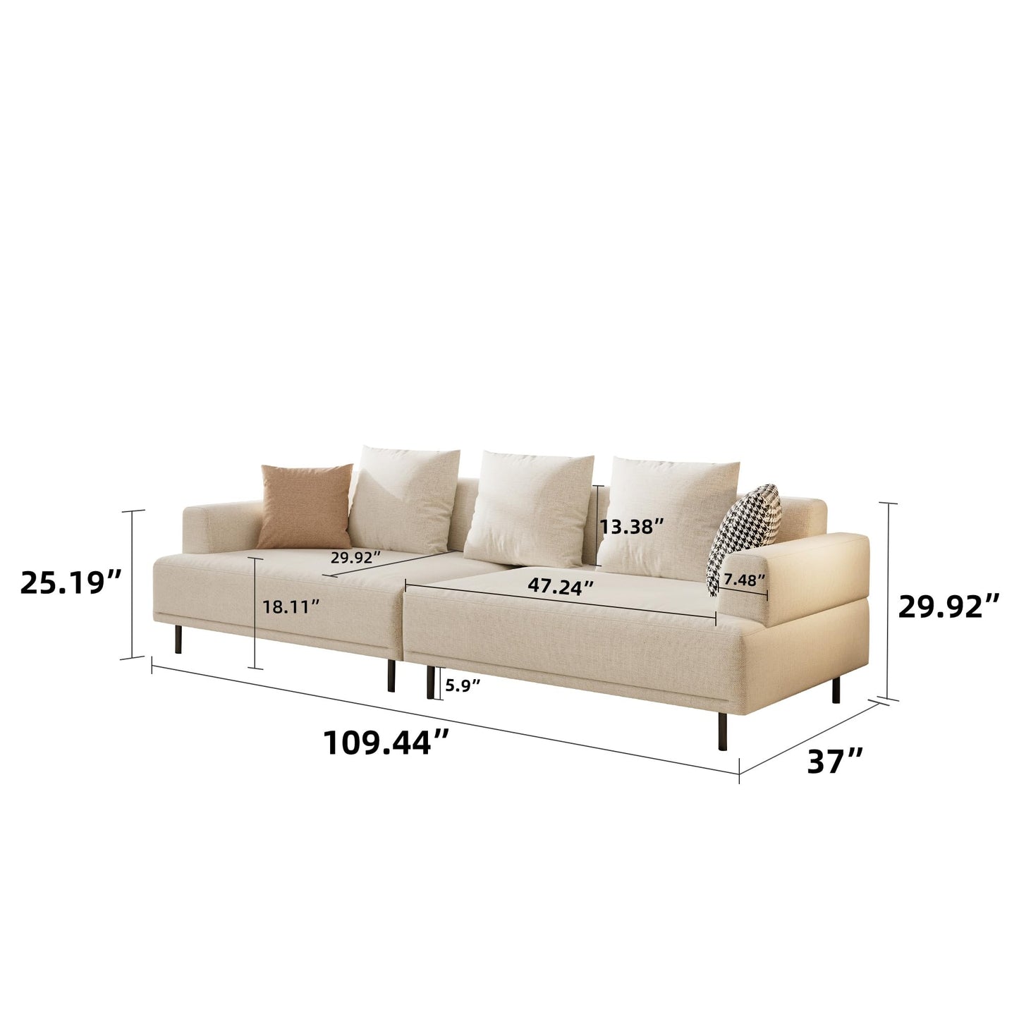 109.4"W Beige 4-Seat Sectional Sofa – Cotton-Linen Fabric Couch with Metal Legs for Living Room or Apartment
