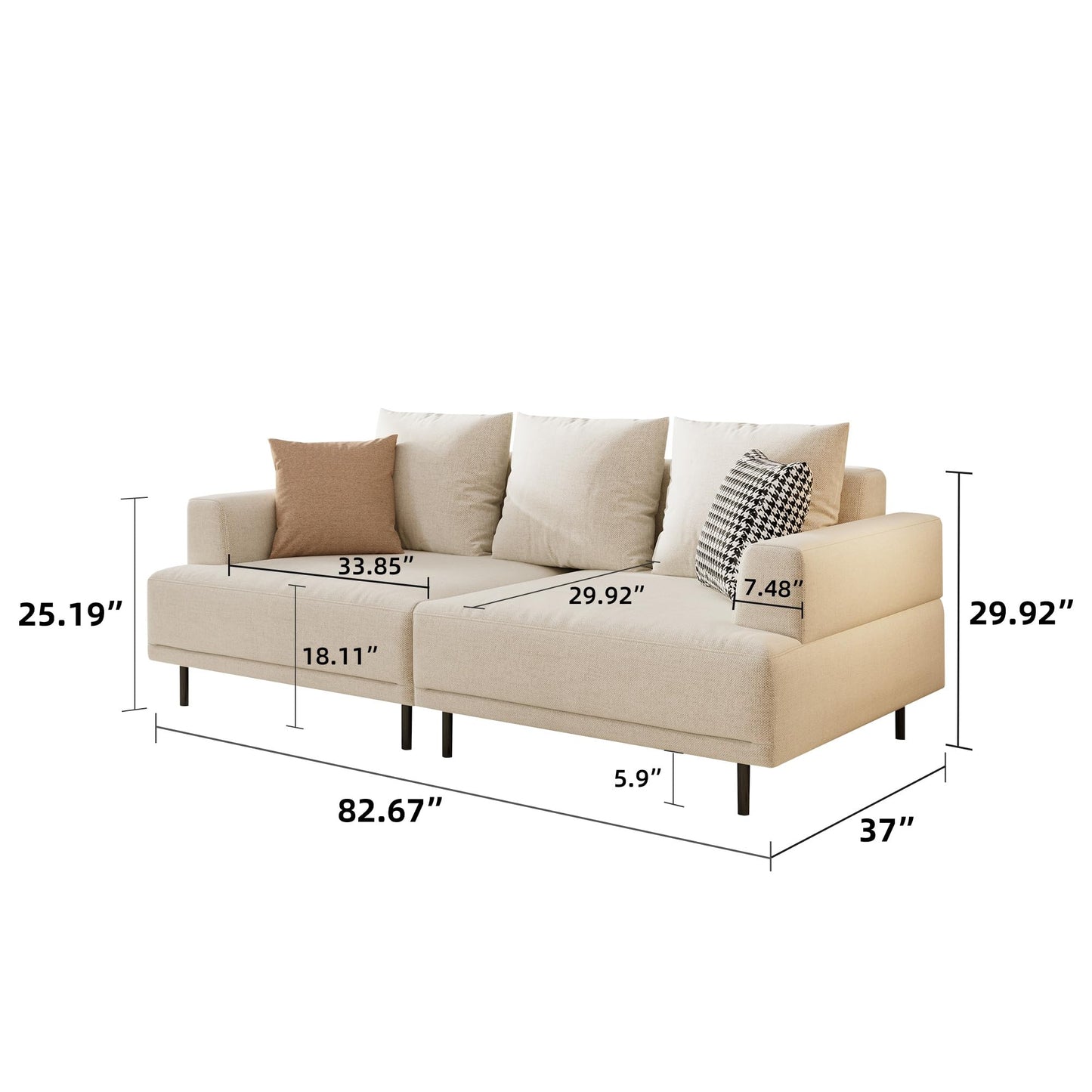 109.4"W Beige 4-Seat Sectional Sofa – Cotton-Linen Fabric Couch with Metal Legs for Living Room or Apartment