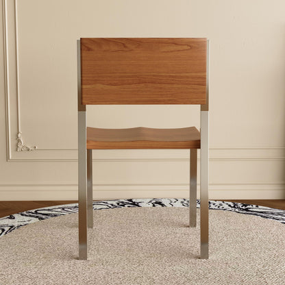 Dining Chair Mid-Century Modern Solid Wood Seat Brushed Stainless Steel Legs (Set of 2)