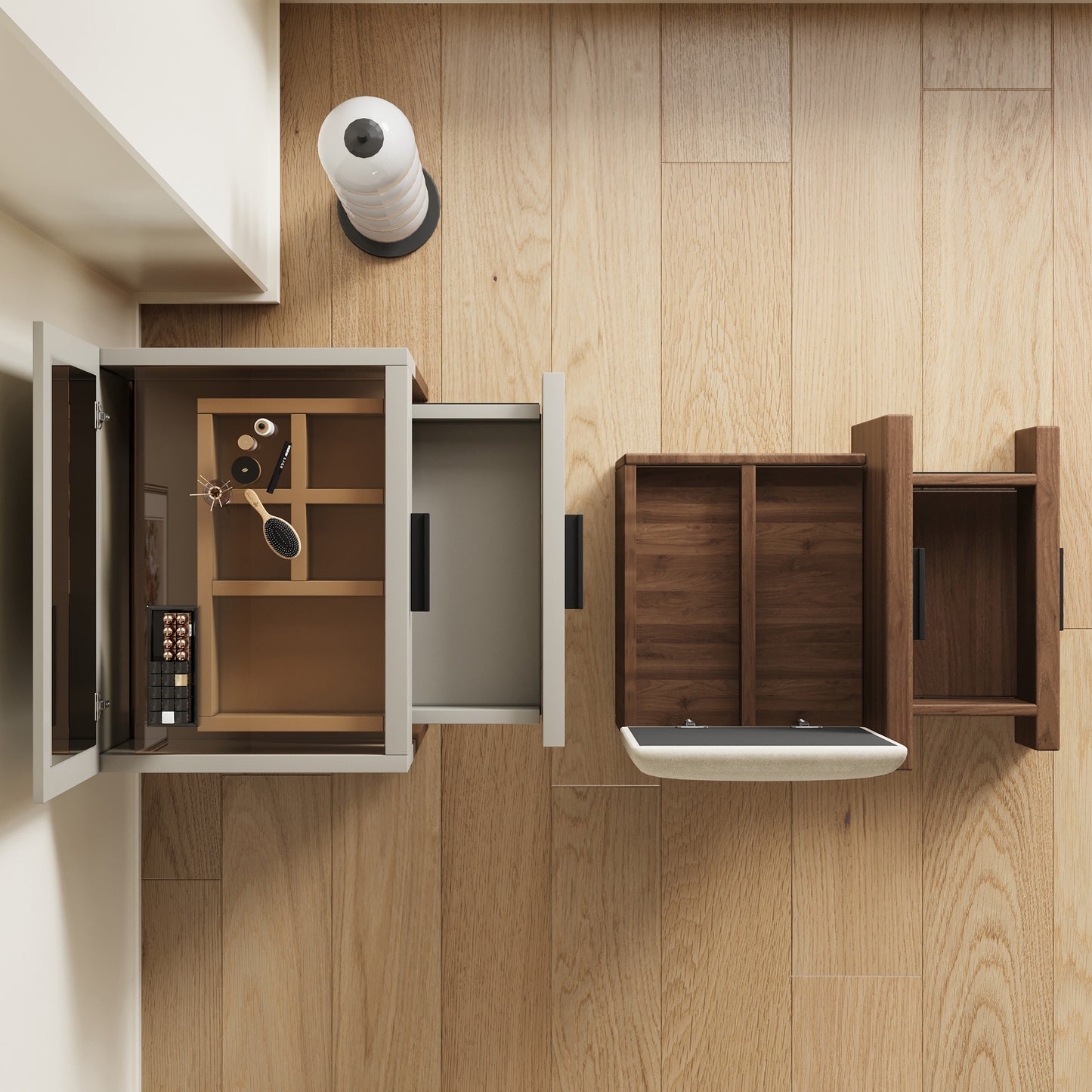 Compact 3-in-1 Vanity Set with 3 Drawers, Cushioned Stool, and Flip-Top Mirror, Walnut & Light Grey, 19.7" for Bedroom, Living Room, Office