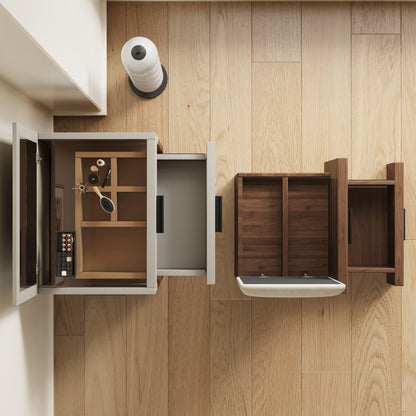 Compact 3-in-1 Vanity Set with 3 Drawers, Cushioned Stool, and Flip-Top Mirror, Walnut & Light Grey, 19.7" for Bedroom, Living Room, Office