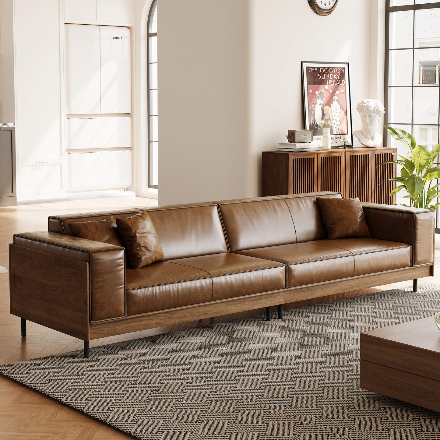 Modern Brown Leather Sofa – 3-Seater with Wooden Frame and Metal Legs for Living Room