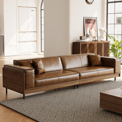 Modern Brown Leather Sofa – 3-Seater with Wooden Frame and Metal Legs for Living Room