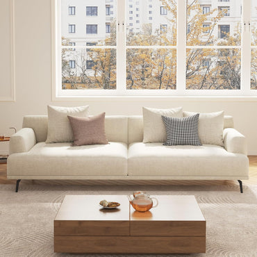 82.6" Beige Modern Sofa, Fabric Upholstery with Wood Frame, Minimalist Couch for Living Room and Apartment