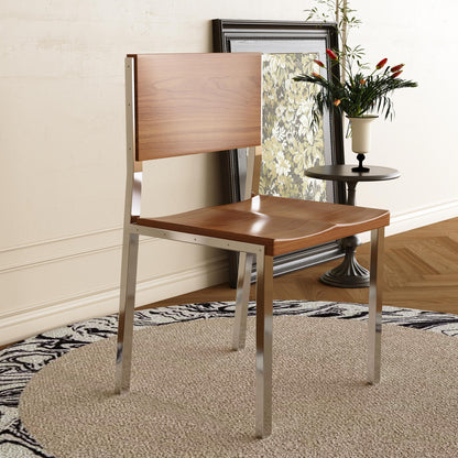 Dining Chair Mid-Century Modern Solid Wood Seat Brushed Stainless Steel Legs (Set of 2)