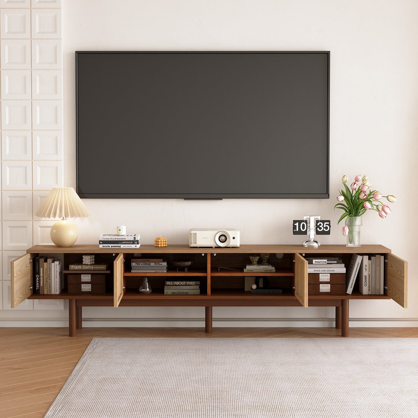 TV Stand FDDSG2200 Mid-Century Modern Cable Management 4-Door 86.6"