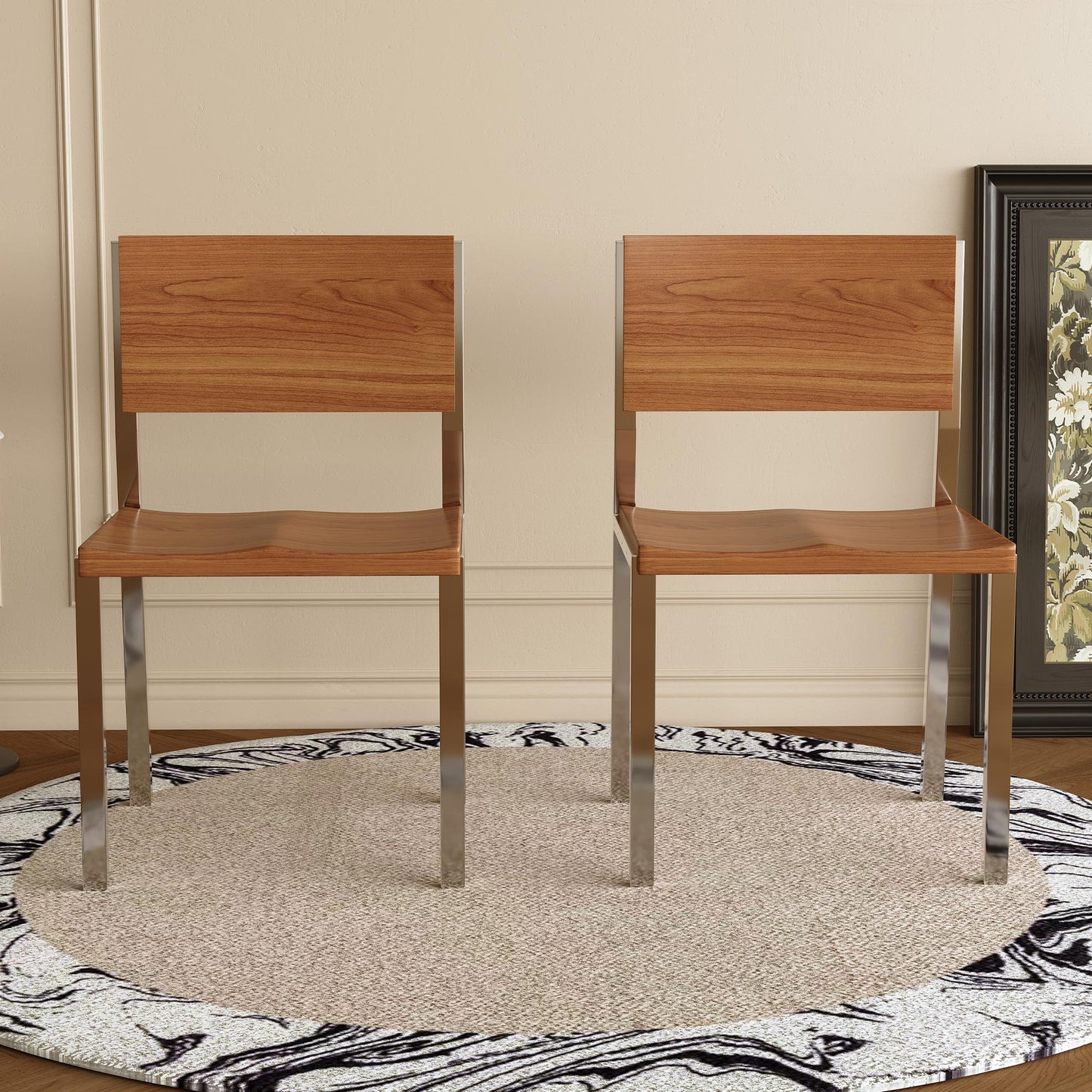 Dining Chair Mid-Century Modern Solid Wood Seat Brushed Stainless Steel Legs (Set of 2)