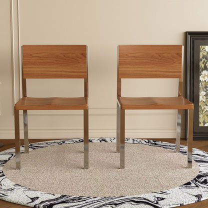 Dining Chair Mid-Century Modern Solid Wood Seat Brushed Stainless Steel Legs (Set of 2)