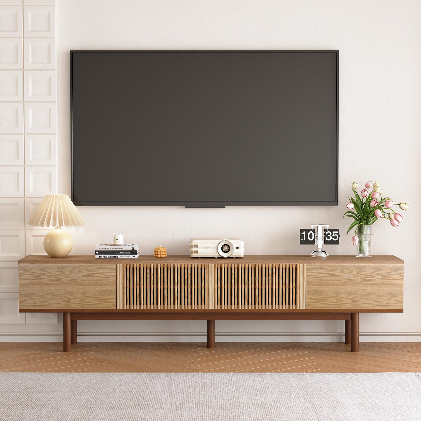 TV Stand FDDSG2200 Mid-Century Modern Cable Management 4-Door 86.6"