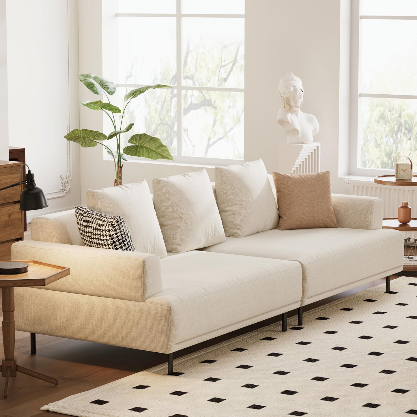 109.4"W Beige 4-Seat Sectional Sofa – Cotton-Linen Fabric Couch with Metal Legs for Living Room or Apartment