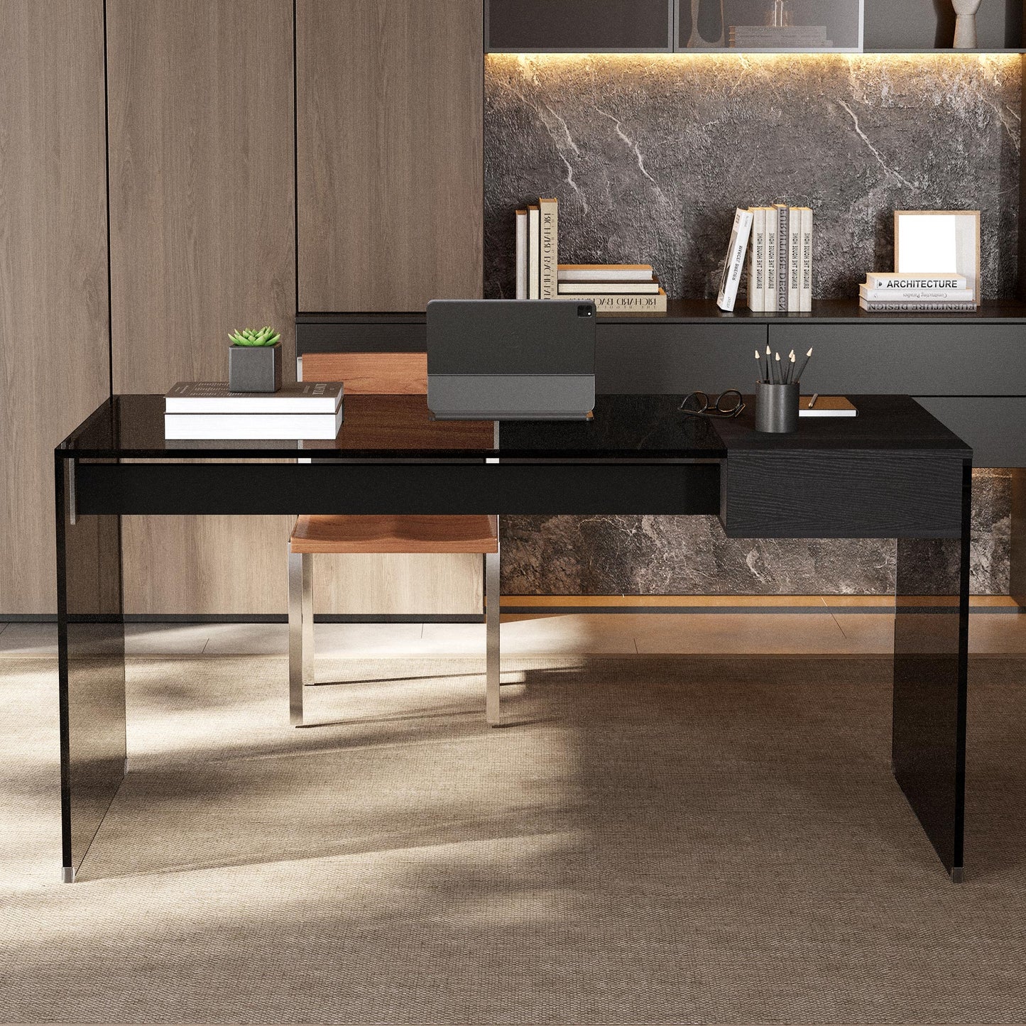 Desk MGBLSZ002 Modern Tempered Glass Generous Tabletop Space 53.14"