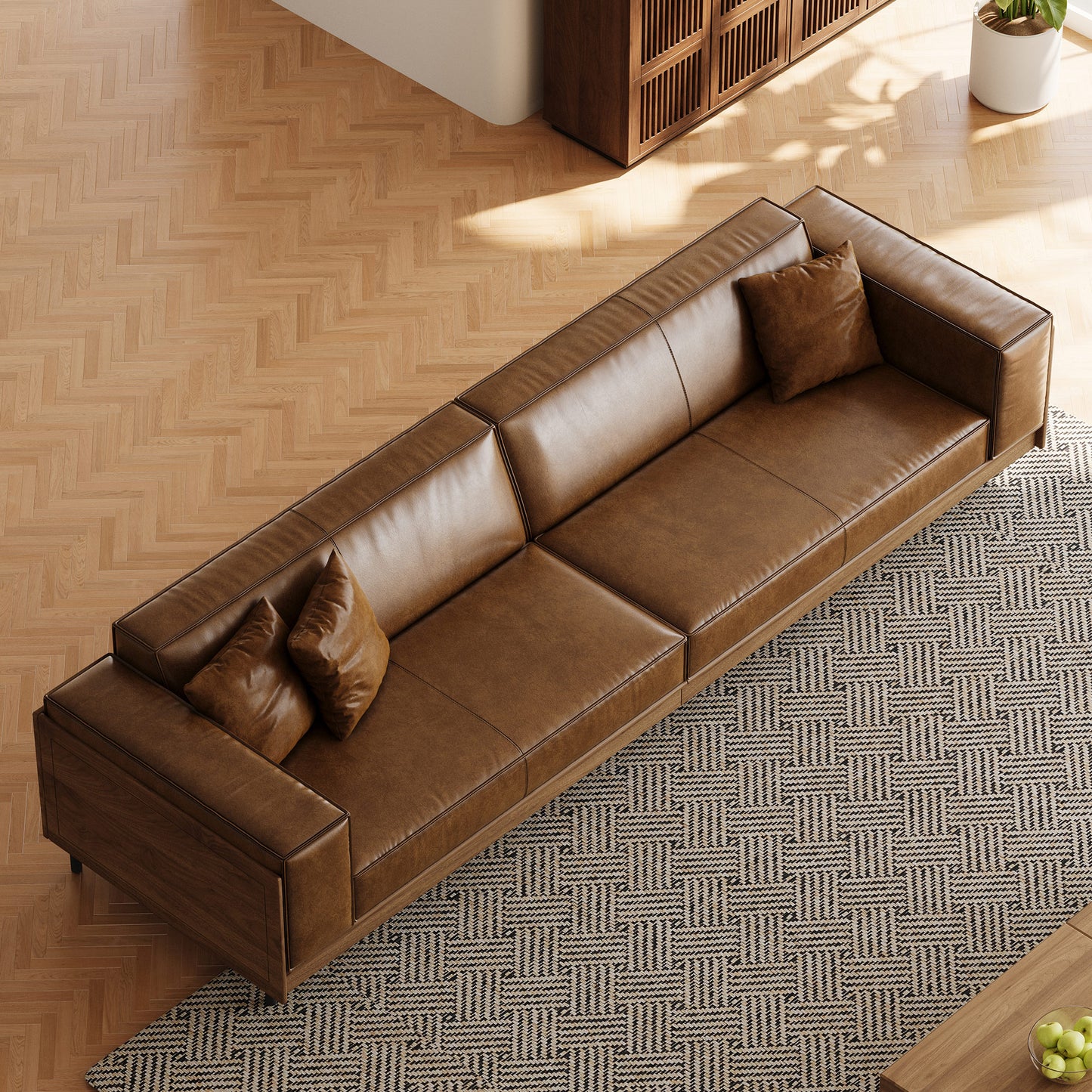 Modern Brown Leather Sofa – 3-Seater with Wooden Frame and Metal Legs for Living Room