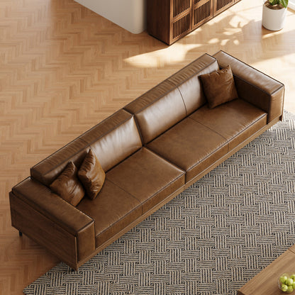 Modern Brown Leather Sofa – 3-Seater with Wooden Frame and Metal Legs for Living Room