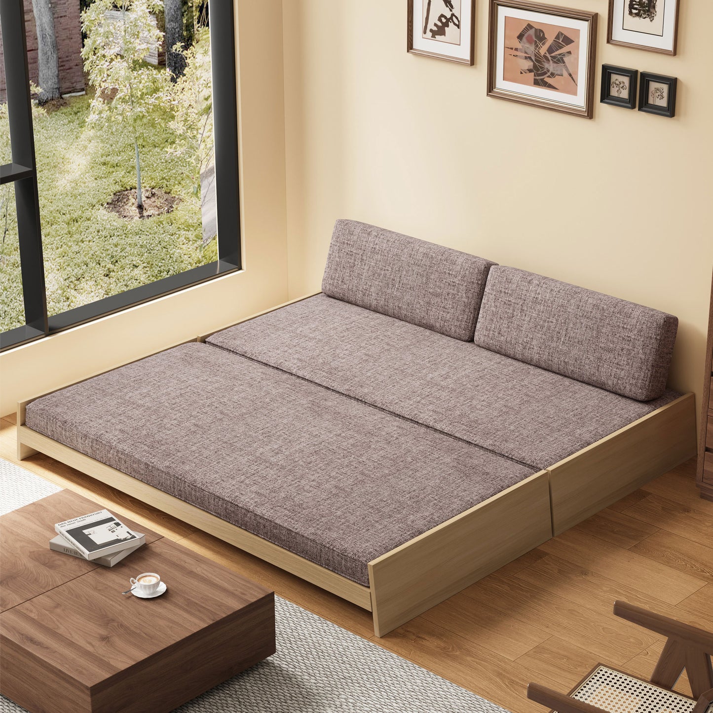 Gray Fabric Upholstered Sofa Bed with Wooden Frame, Stylish and Comfortable, Ideal for Living Room and Guest Room