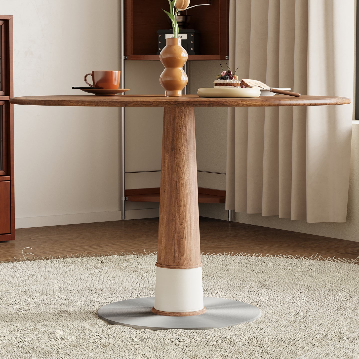 Dining Table XNSH1666 Modern Round Walnut Wood Metal Base 47.2"