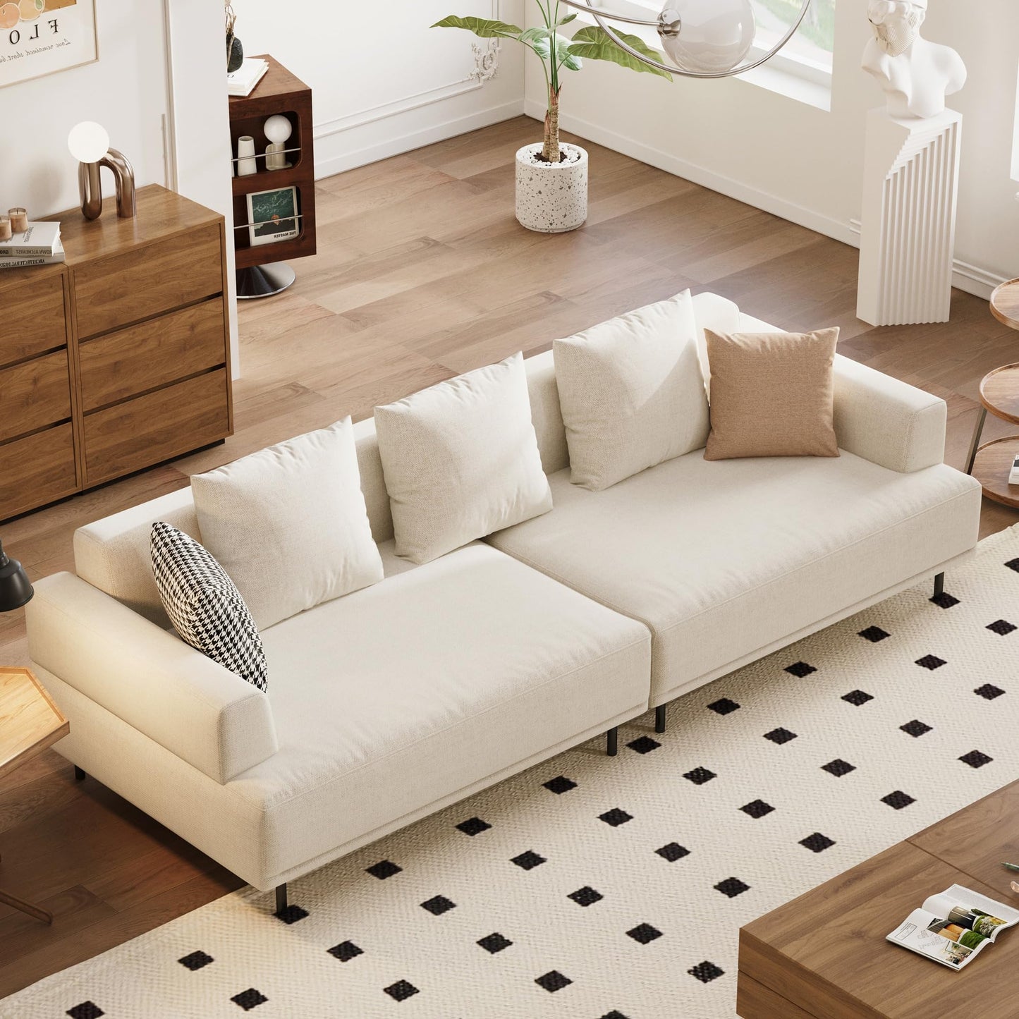 109.4"W Beige 4-Seat Sectional Sofa – Cotton-Linen Fabric Couch with Metal Legs for Living Room or Apartment