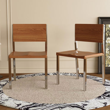 Dining Chair Mid-Century Modern Solid Wood Seat Brushed Stainless Steel Legs (Set of 2)