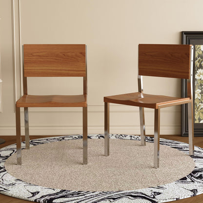 Dining Chair Mid-Century Modern Solid Wood Seat Brushed Stainless Steel Legs (Set of 2)