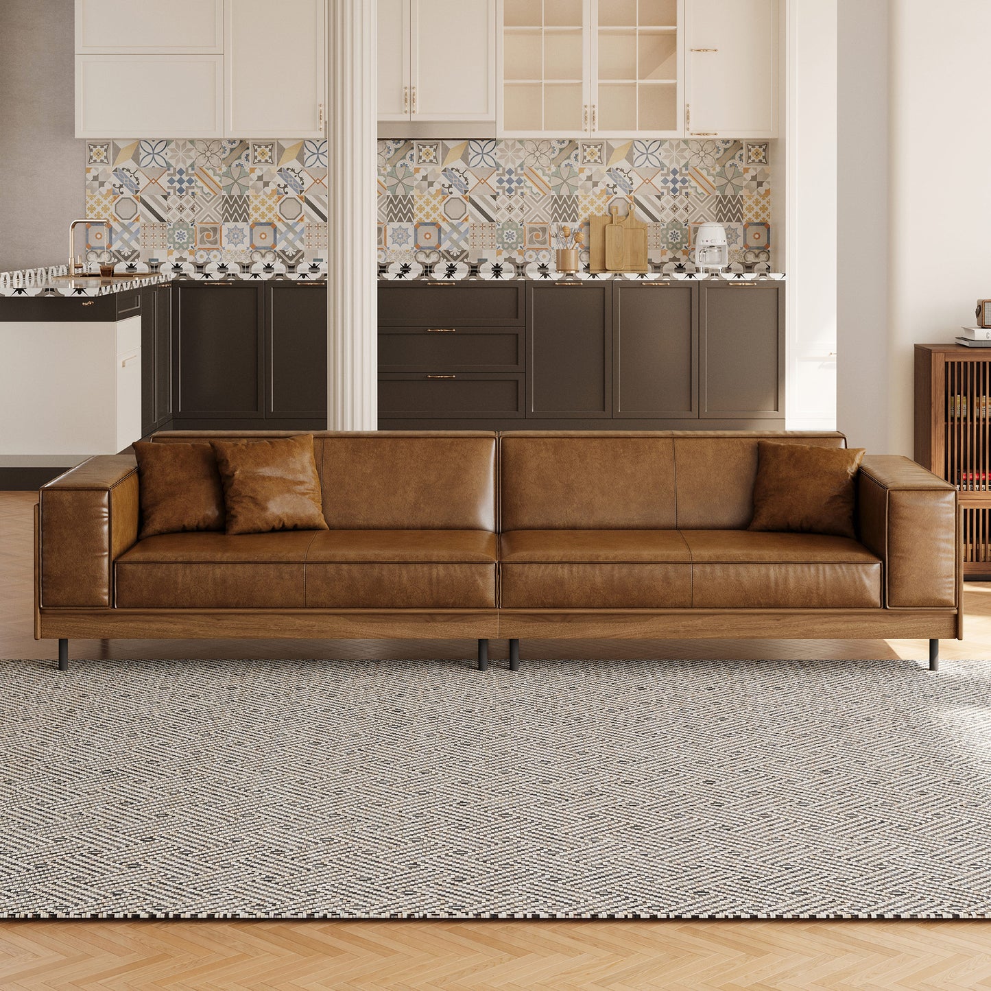 Modern Brown Leather Sofa – 3-Seater with Wooden Frame and Metal Legs for Living Room