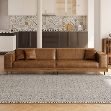 Modern Brown Leather Sofa – 3-Seater with Wooden Frame and Metal Legs for Living Room