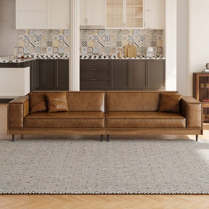 Modern Brown Leather Sofa – 3-Seater with Wooden Frame and Metal Legs for Living Room