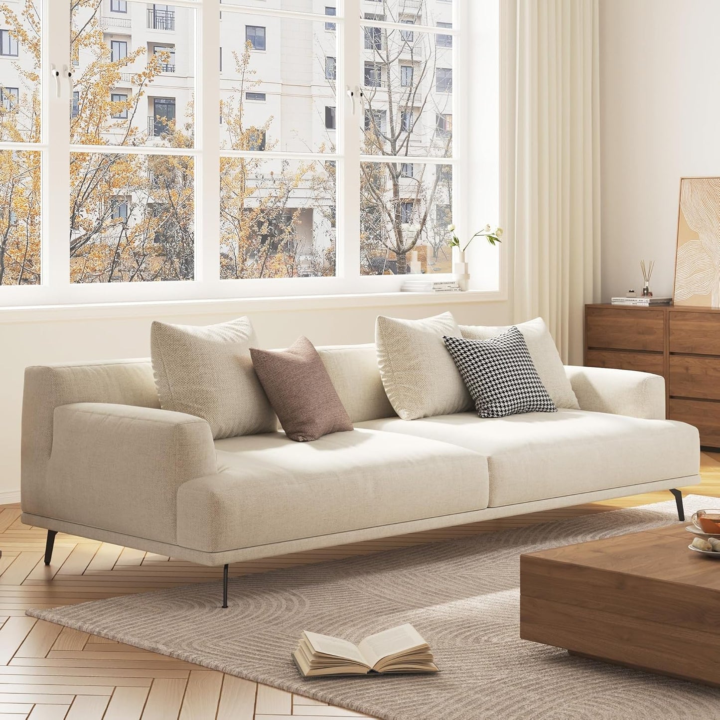 82.6" Beige Modern Sofa, Fabric Upholstery with Wood Frame, Minimalist Couch for Living Room and Apartment