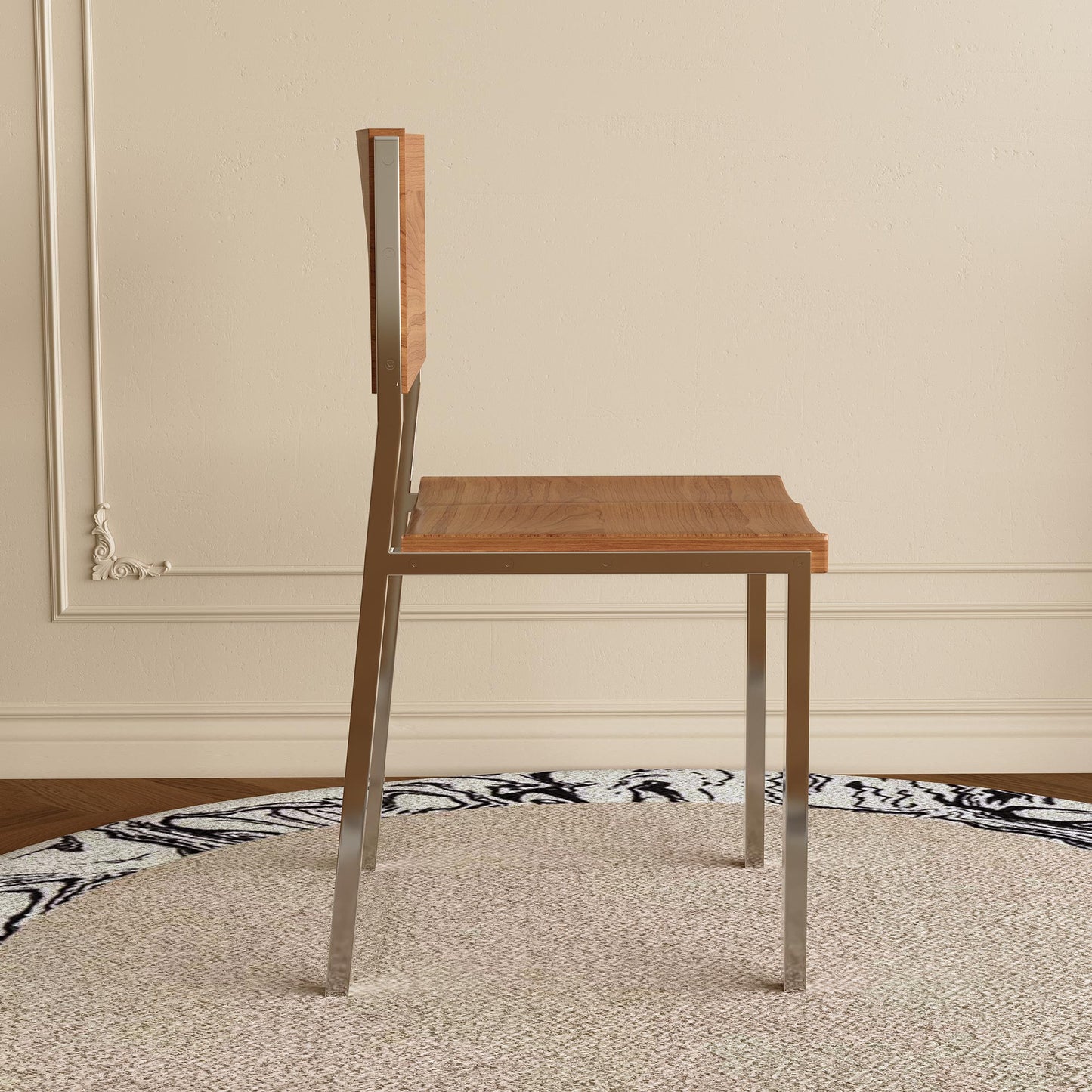 Dining Chair Mid-Century Modern Solid Wood Seat Brushed Stainless Steel Legs (Set of 2)