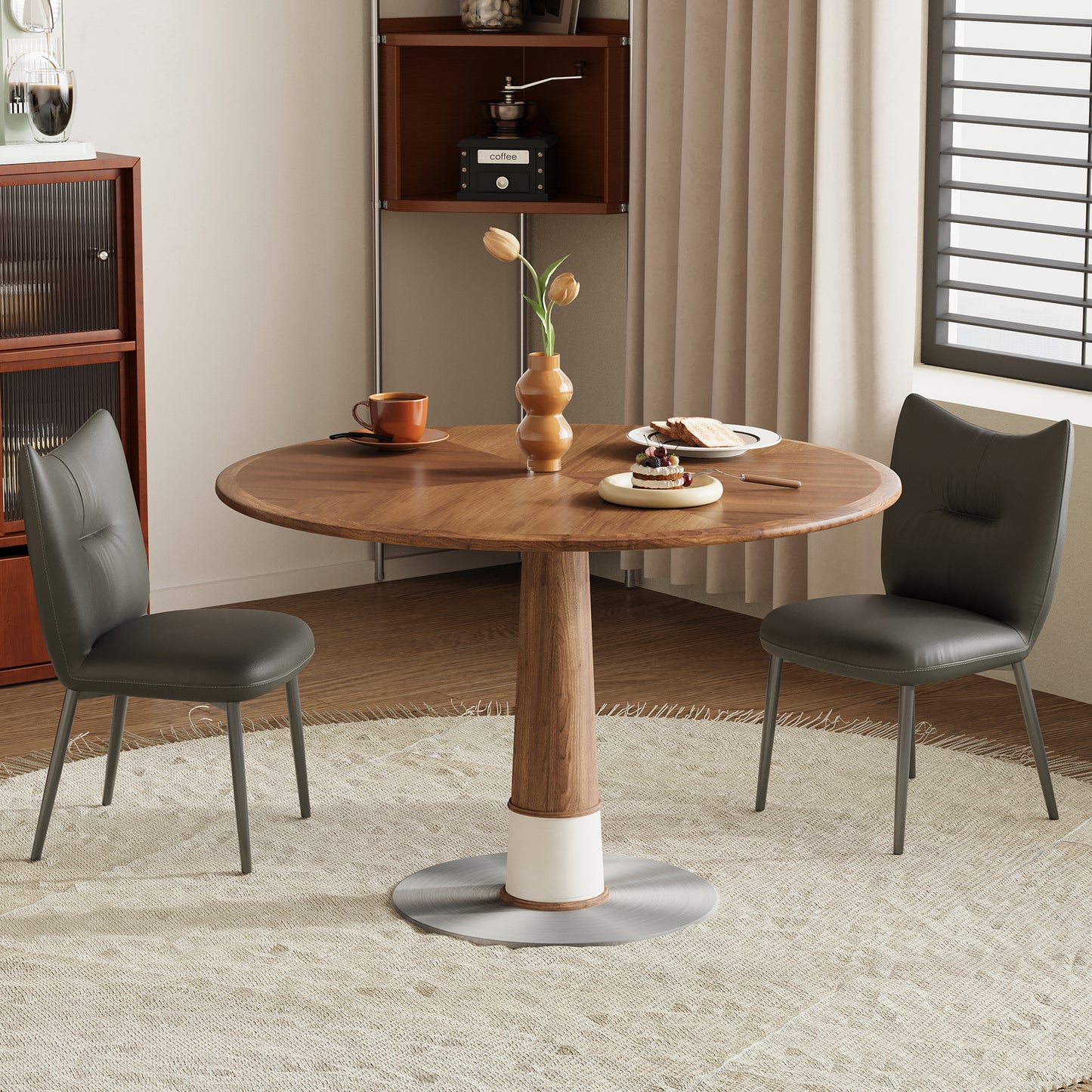 Dining Table XNSH1666 Modern Round Walnut Wood Metal Base 47.2"