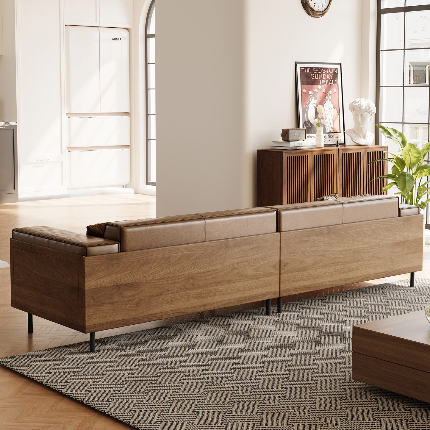 Modern Brown Leather Sofa – 3-Seater with Wooden Frame and Metal Legs for Living Room