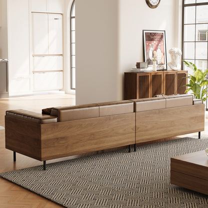 Modern Brown Leather Sofa – 3-Seater with Wooden Frame and Metal Legs for Living Room