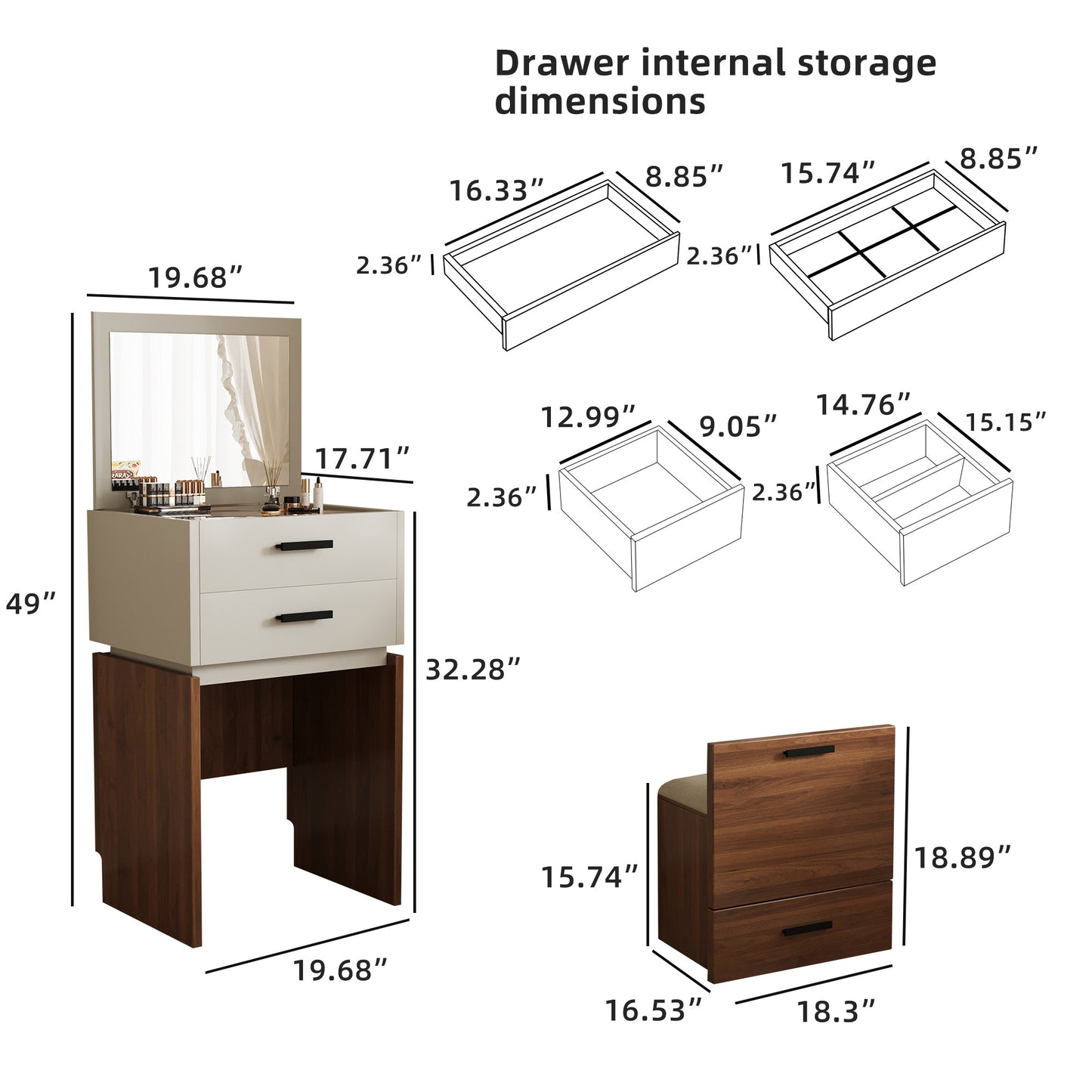 Compact 3-in-1 Vanity Set with 3 Drawers, Cushioned Stool, and Flip-Top Mirror, Walnut & Light Grey, 19.7" for Bedroom, Living Room, Office